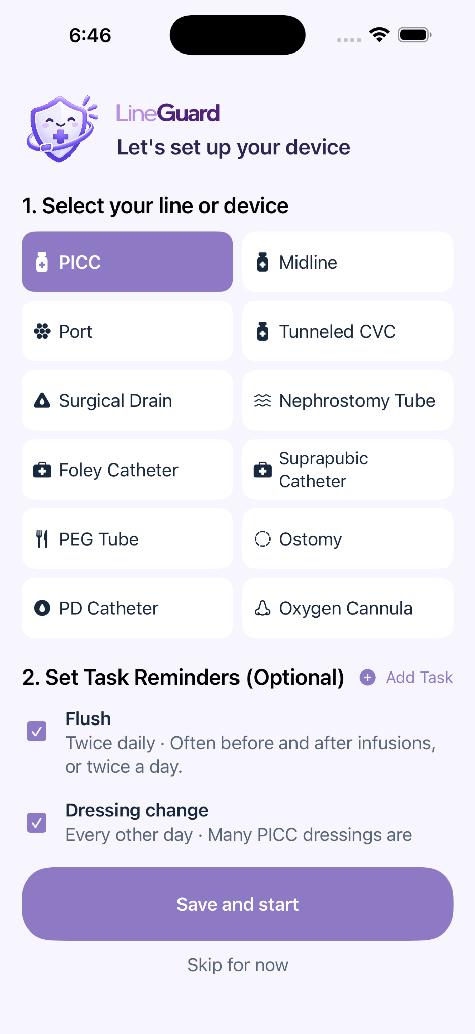 Device setup screen