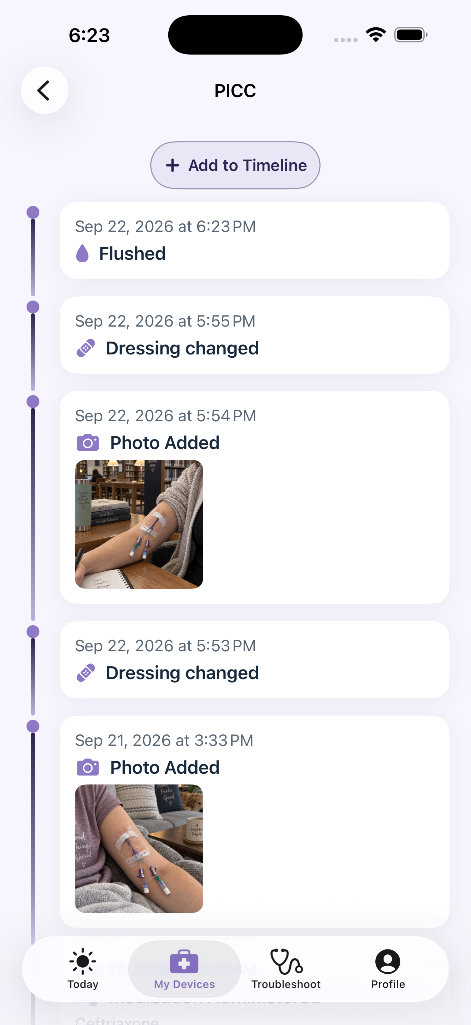 LineGuard device timeline with dated care events